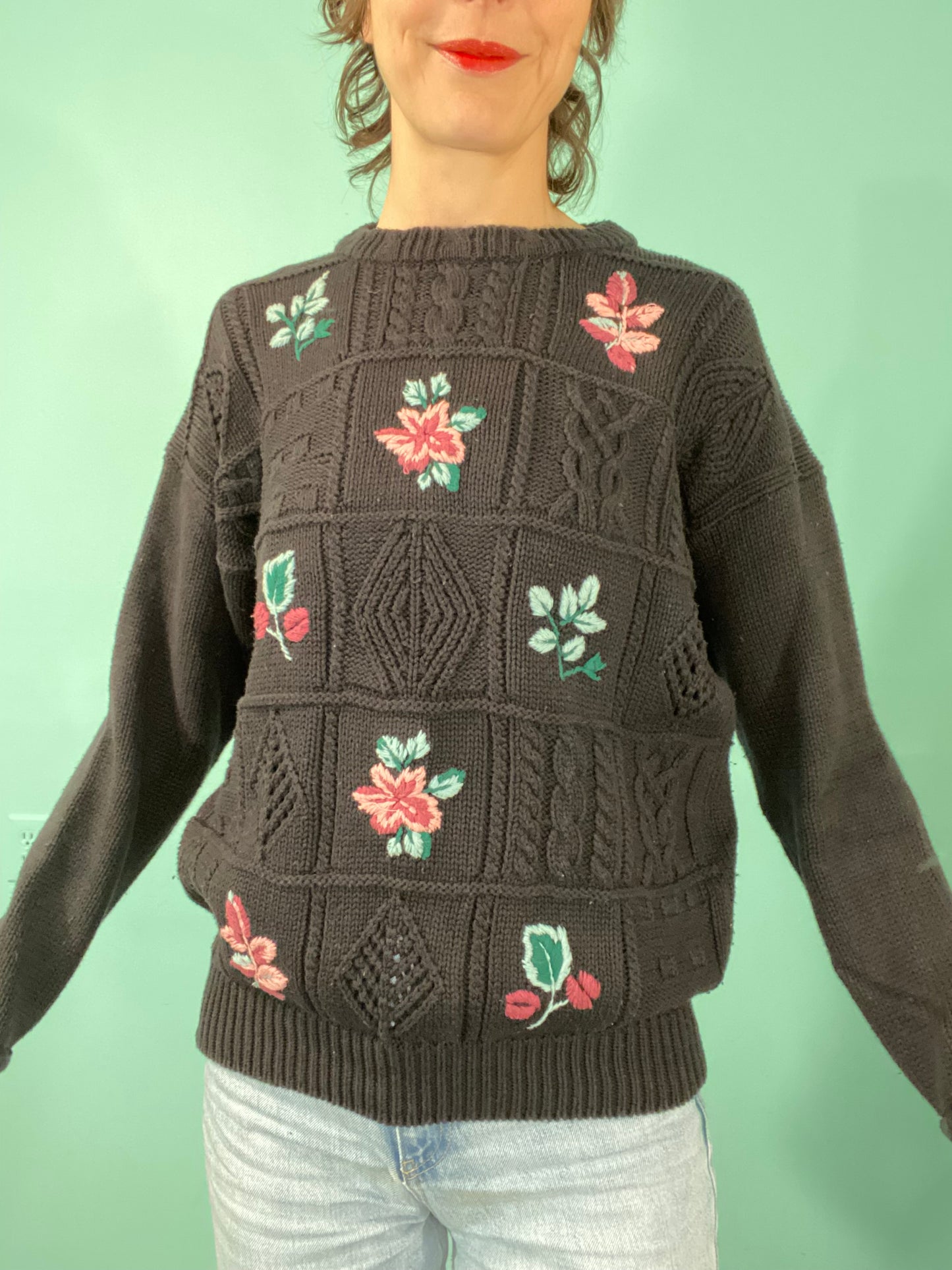 VINTAGE "LADY FOOTLOCKER" BLACK FLORAL AND LATTICE SWEATER