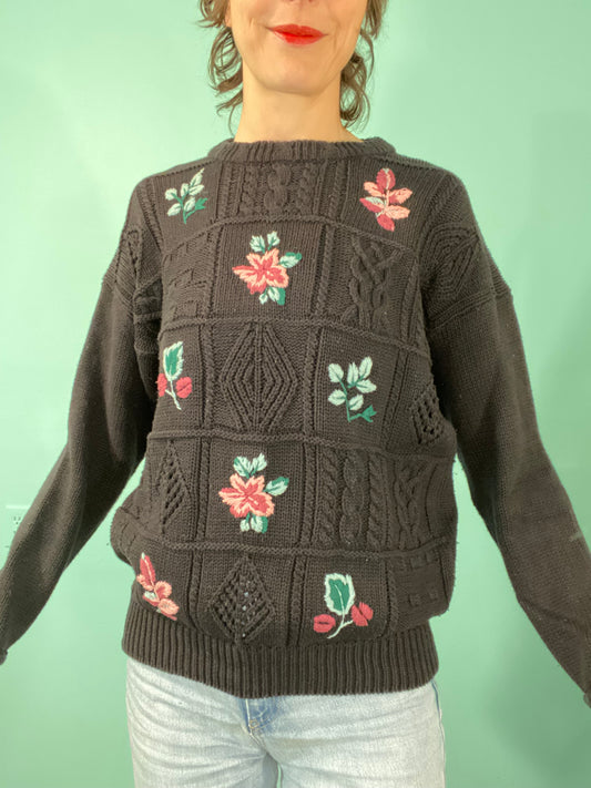 VINTAGE "LADY FOOTLOCKER" BLACK FLORAL AND LATTICE SWEATER