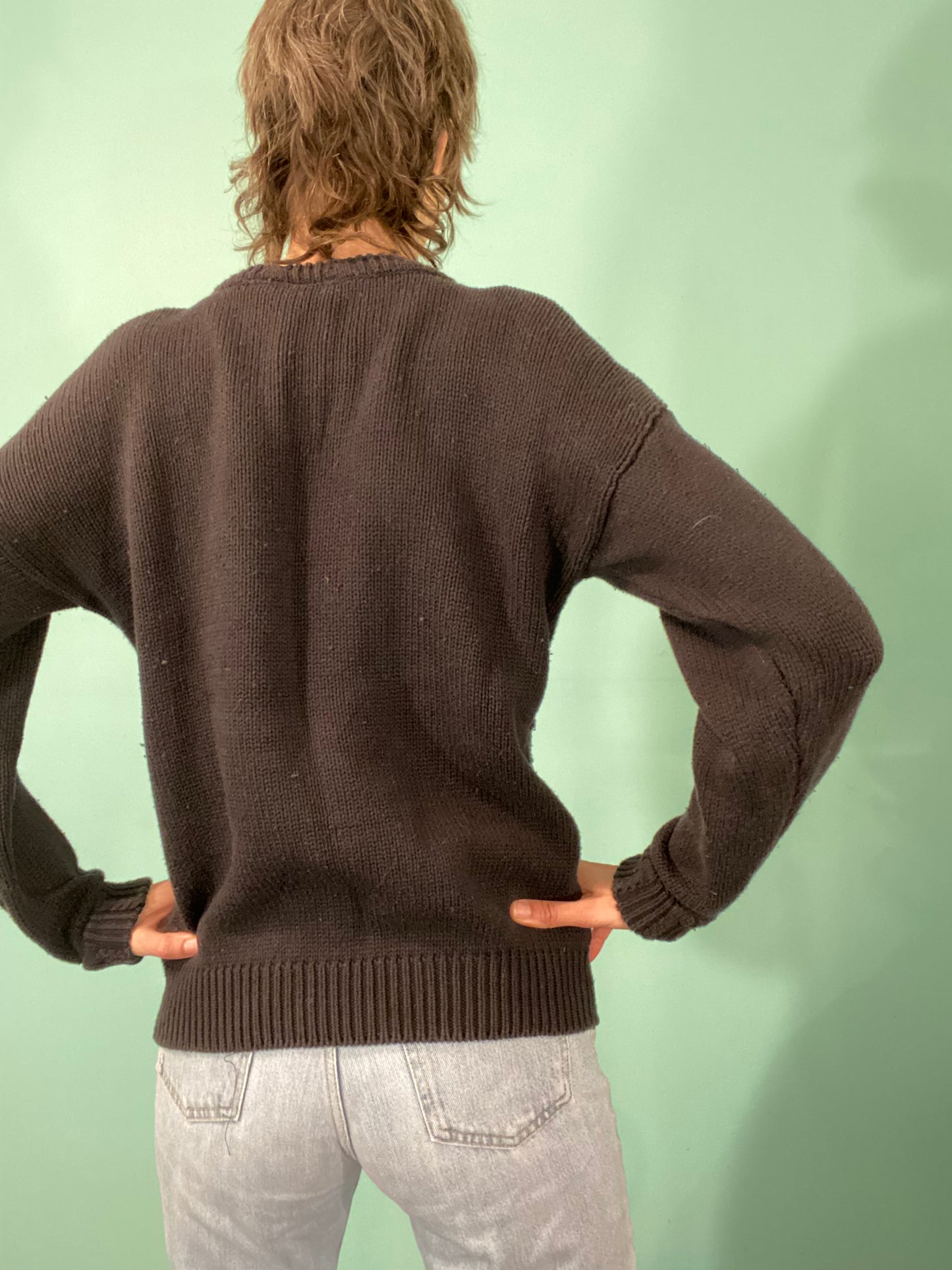 VINTAGE "LADY FOOTLOCKER" BLACK FLORAL AND LATTICE SWEATER