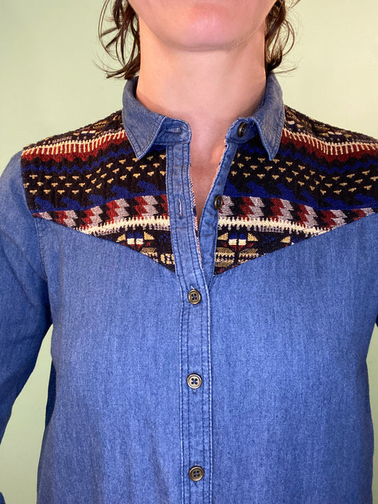 "BLUENOTES" DENIM SHIRT WITH TAPESTRY SHOULDER DETAIL