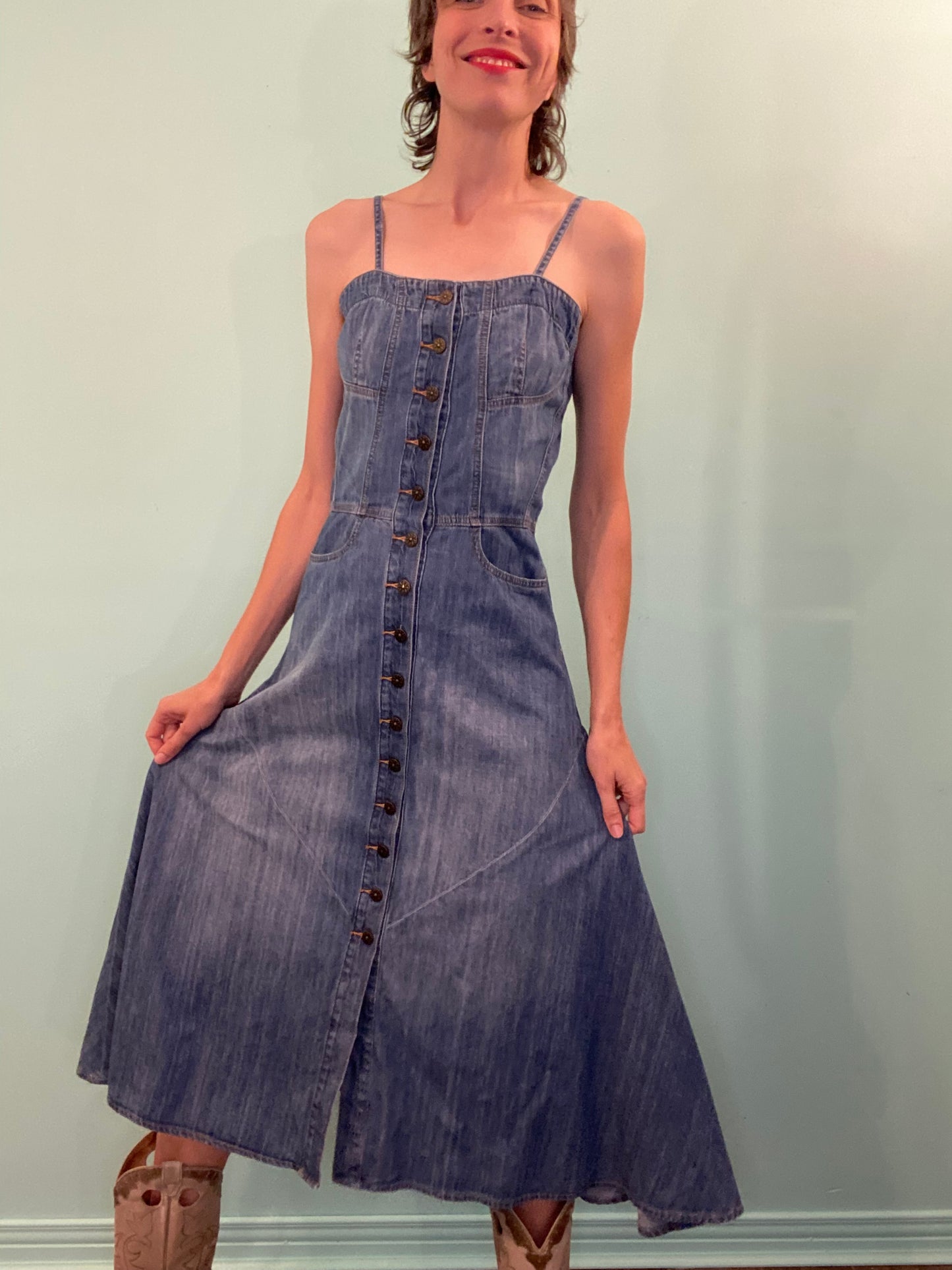 "DRIFTWOOD" BUTTON FRONT DENIM COWGIRL DRESS