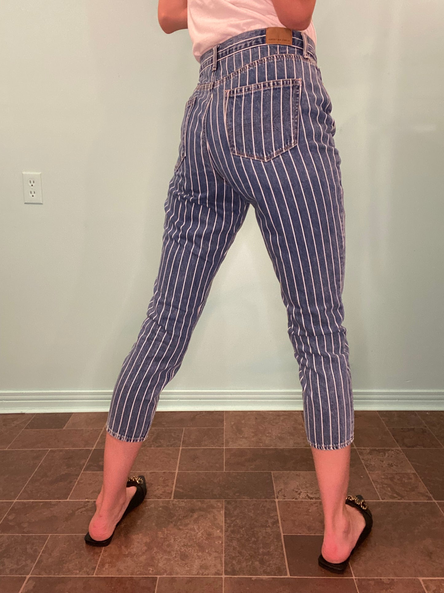 "AMERICAN EAGLE" TAPERED DARK DENIM AND WHITE PINSTRIPE JEANS