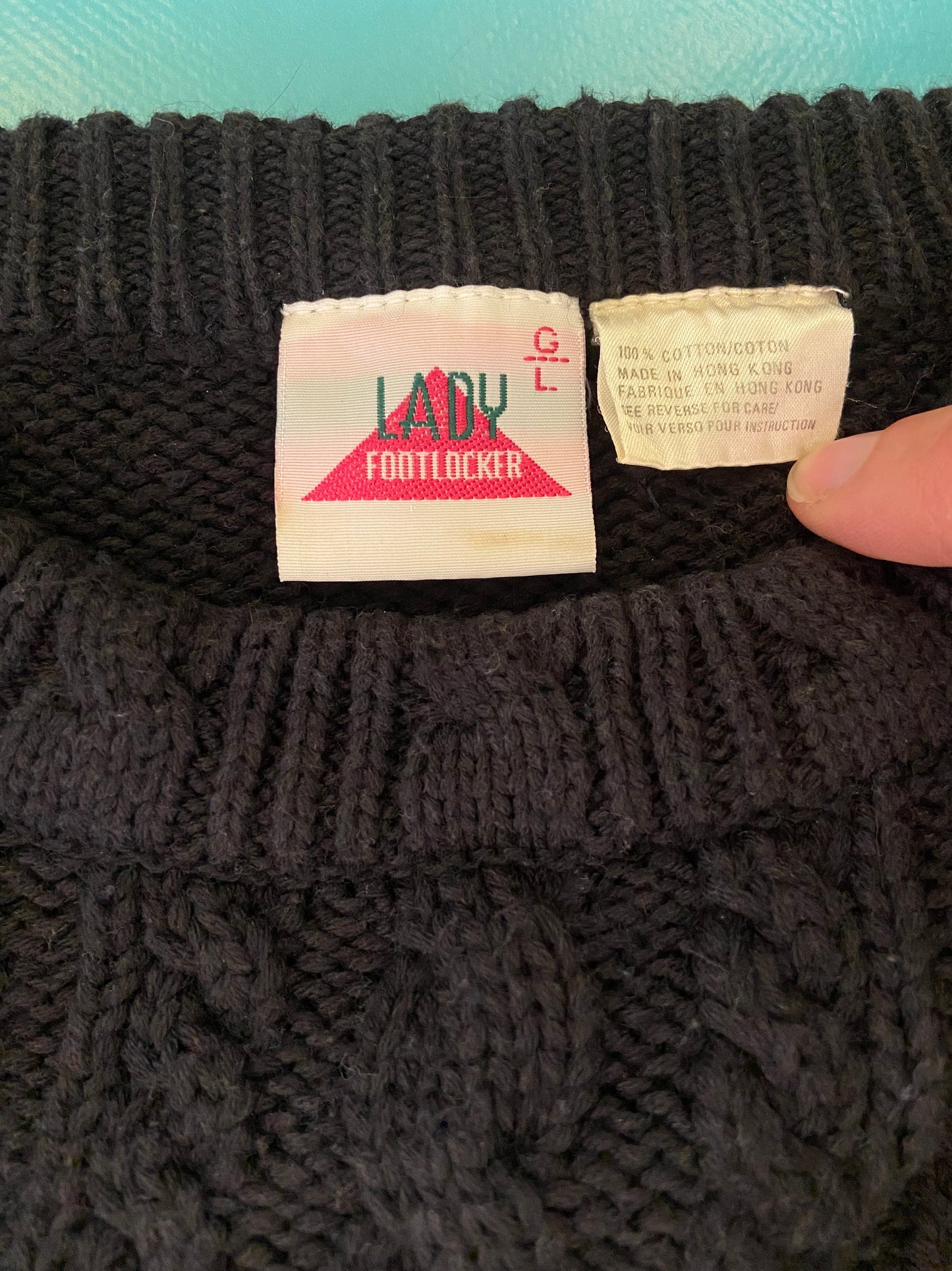 VINTAGE "LADY FOOTLOCKER" BLACK FLORAL AND LATTICE SWEATER