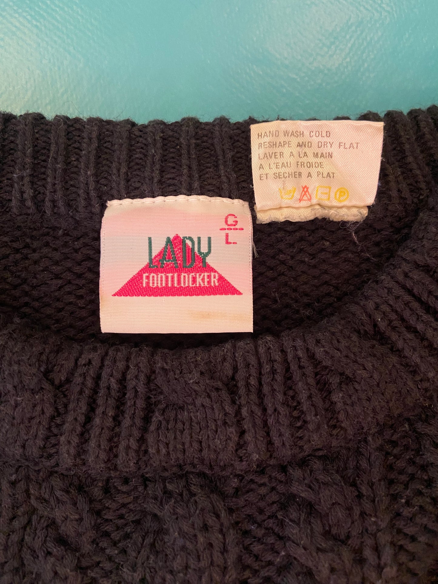 VINTAGE "LADY FOOTLOCKER" BLACK FLORAL AND LATTICE SWEATER