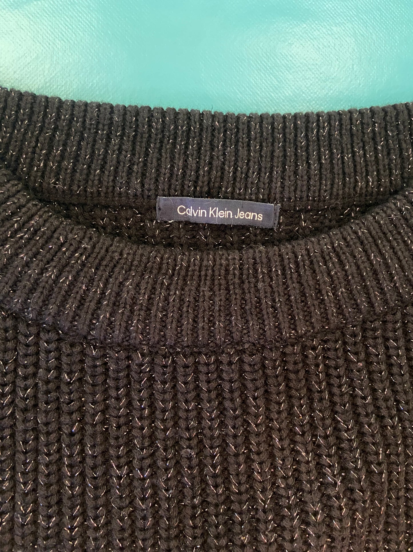 "CALVIN KELIN JEANS" BLACK GLITTERY TINSEL SWEATER