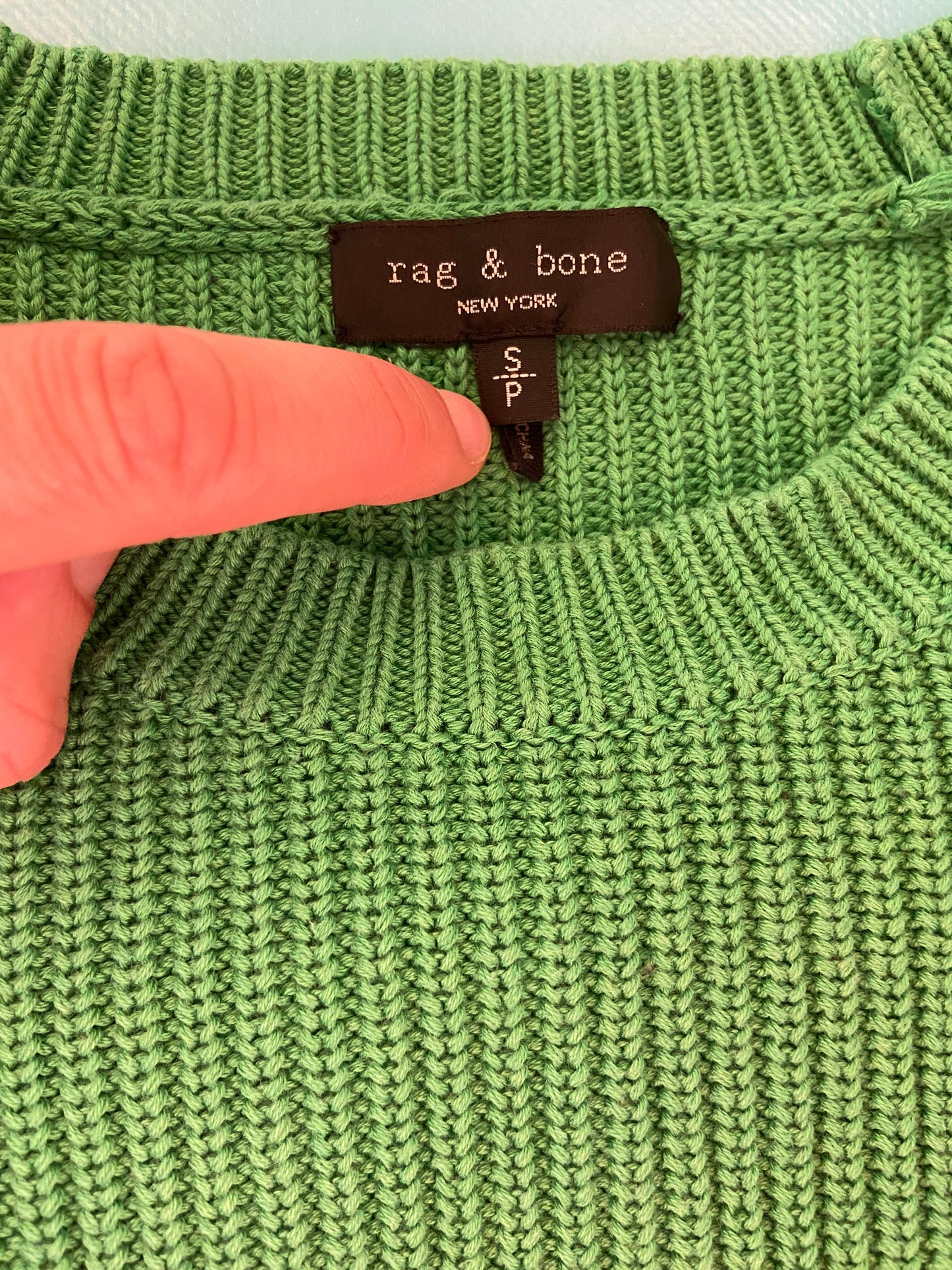FUN GREEN VARSITY STYLE "RAG AND BONE" %100 COTTON SWEATER