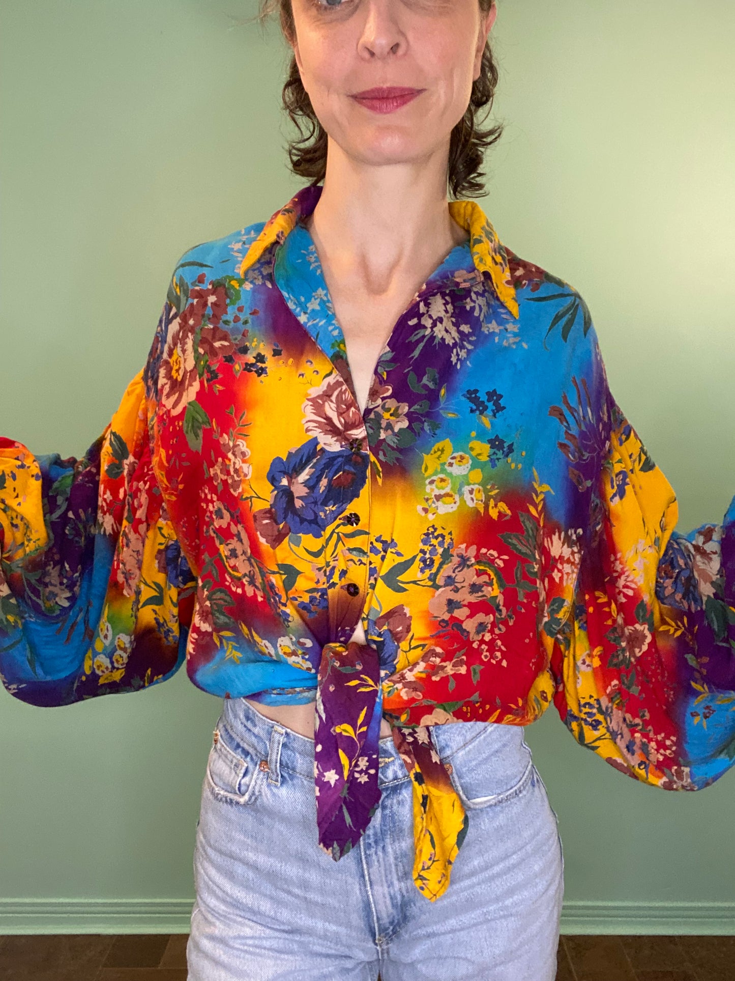 VINTAGE 90'S RAINBOW FLORAL PIRATE BLOUSE