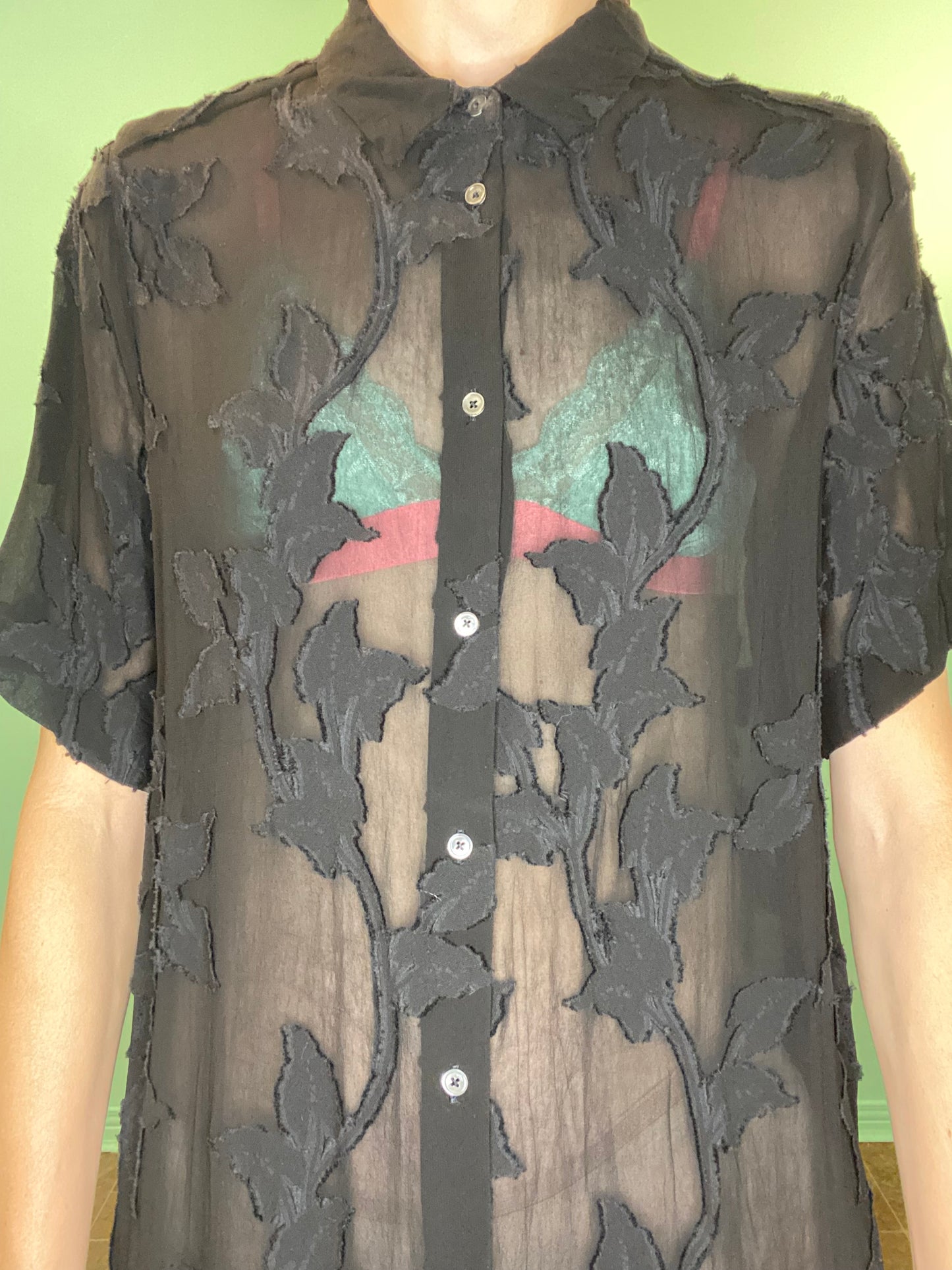 "WILFRED" SHEER BLACK SHIRT DRESS WITH FLORAL APPLIQUE