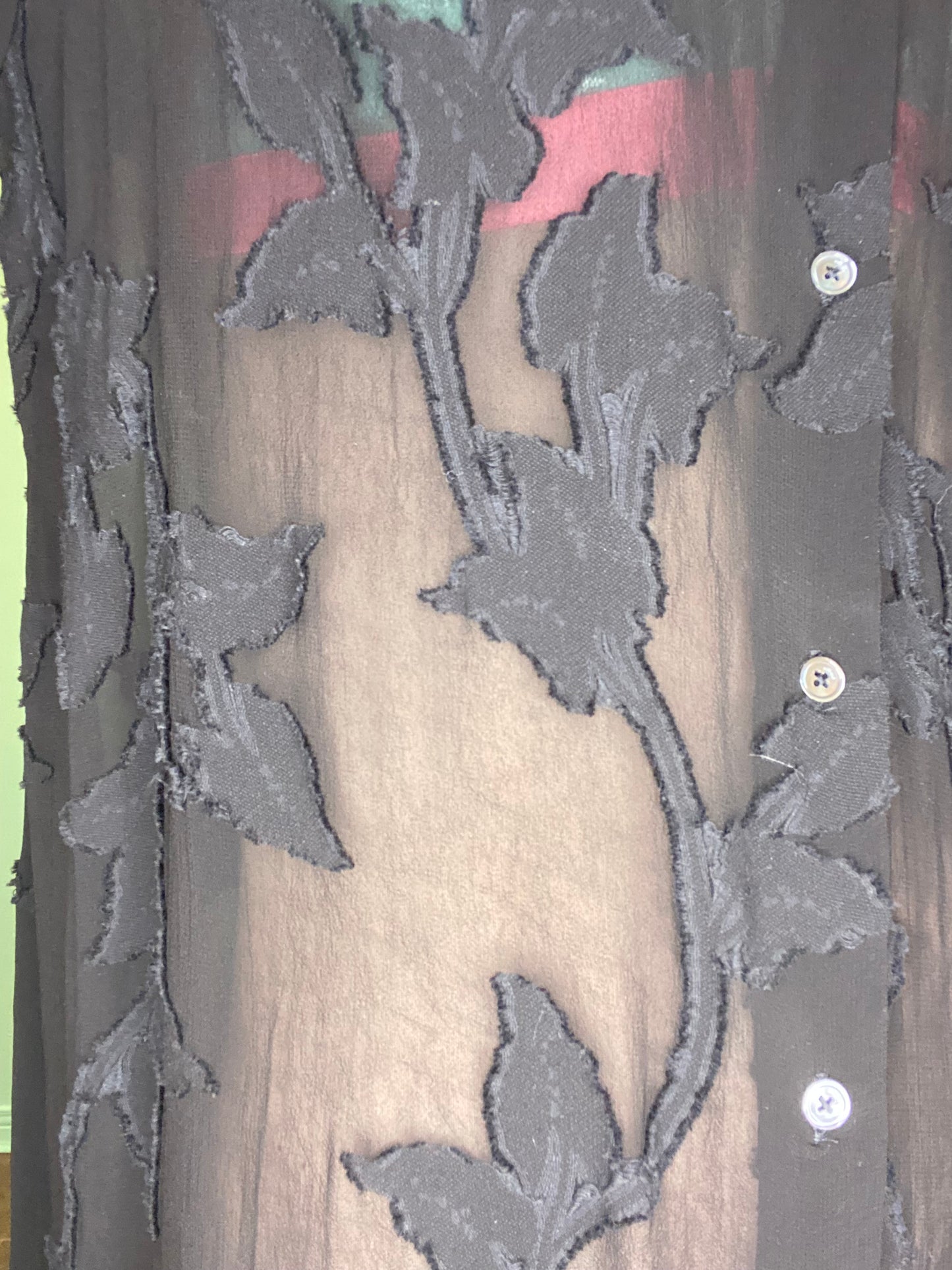 "WILFRED" SHEER BLACK SHIRT DRESS WITH FLORAL APPLIQUE