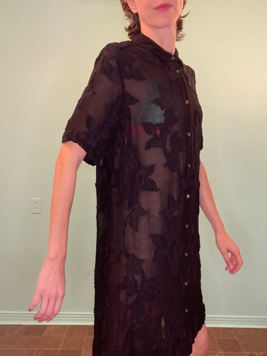 "WILFRED" SHEER BLACK SHIRT DRESS WITH FLORAL APPLIQUE
