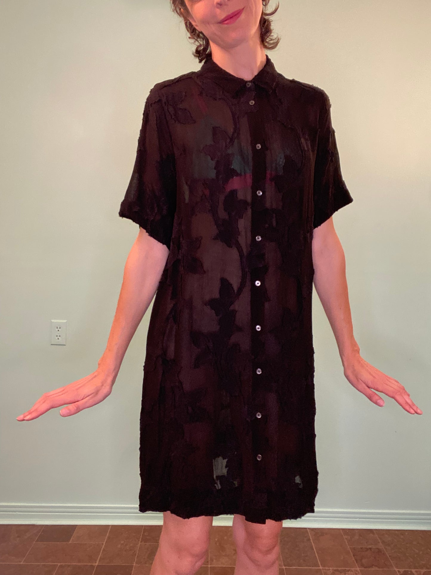 "WILFRED" SHEER BLACK SHIRT DRESS WITH FLORAL APPLIQUE