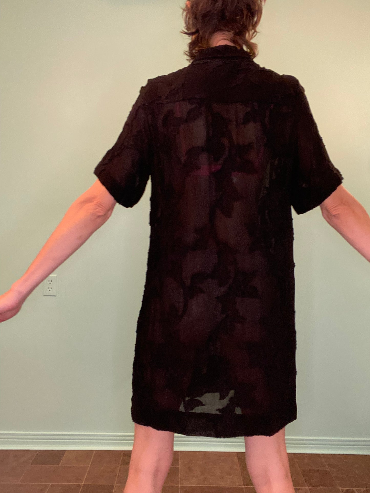 "WILFRED" SHEER BLACK SHIRT DRESS WITH FLORAL APPLIQUE