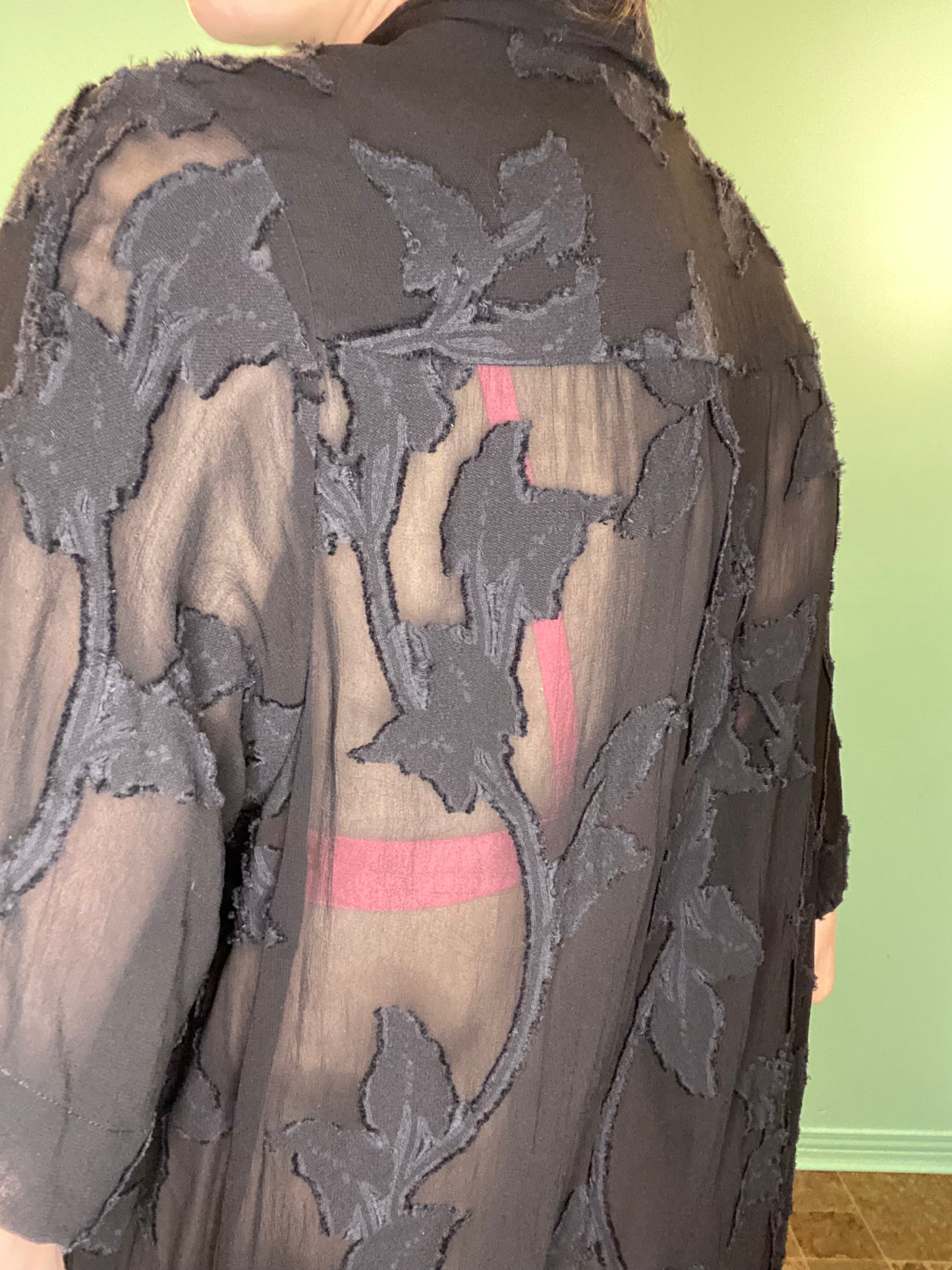 "WILFRED" SHEER BLACK SHIRT DRESS WITH FLORAL APPLIQUE