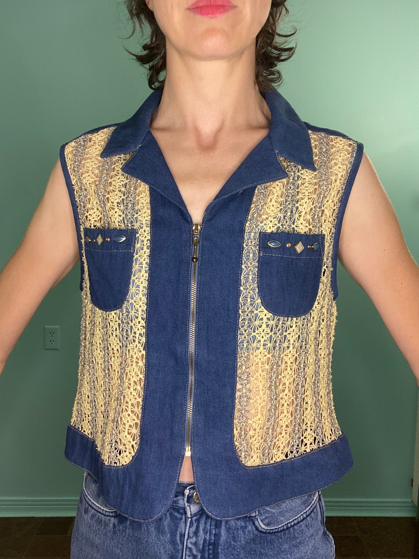 VINTAGE "CITY GIRL SPORT" DENIM AND KNIT VEST