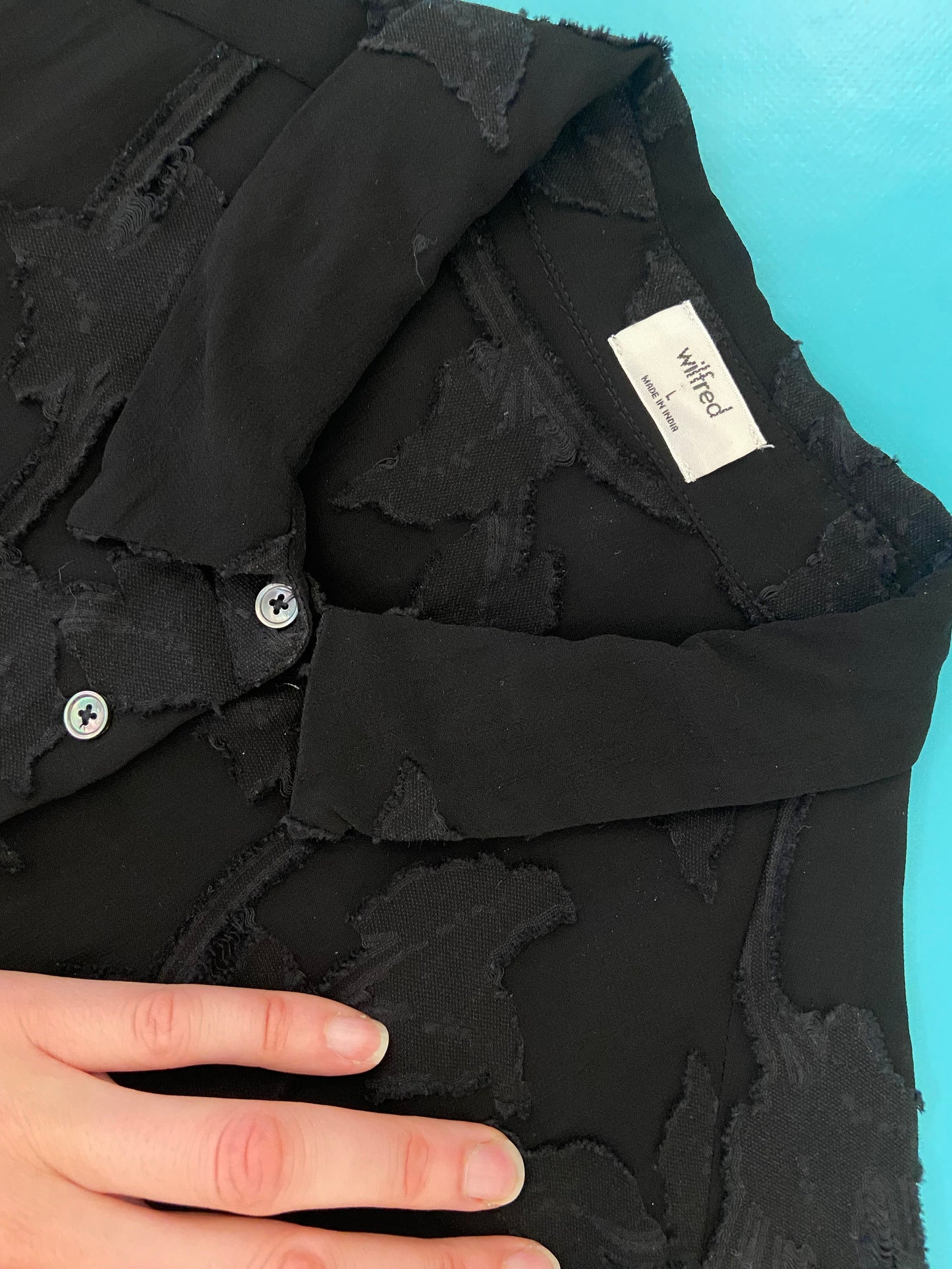 "WILFRED" SHEER BLACK SHIRT DRESS WITH FLORAL APPLIQUE