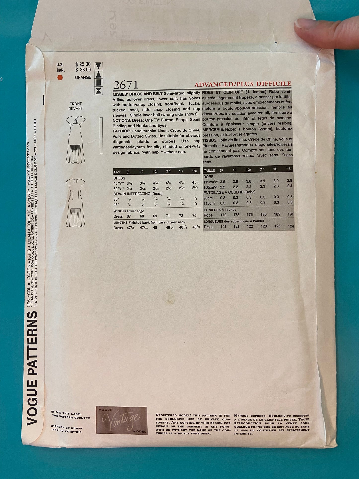 ***NEW UNCUT - "VOGUE VINTAGE REMAKE" DRESS AND BELT SEWING PATTERN