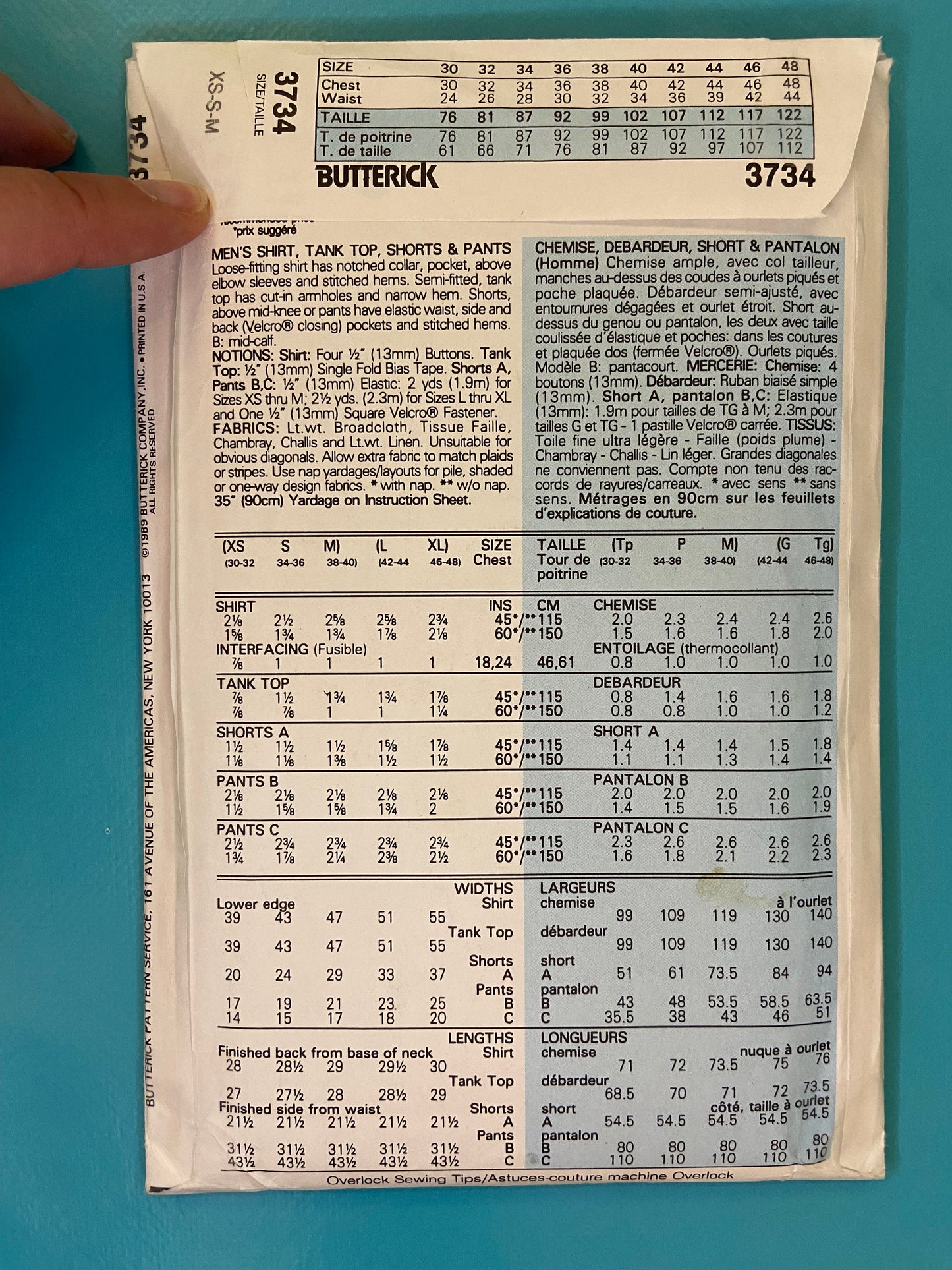 VINTAGE 80'S UNCUT "Butterick" shirt shorts and pants sewing pattern