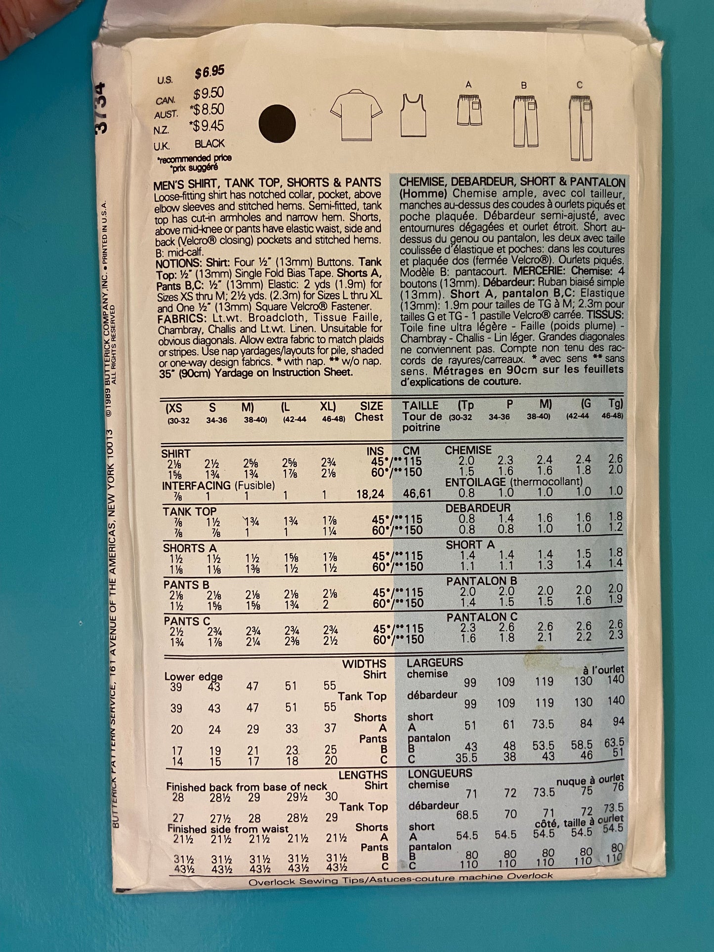 VINTAGE 80'S UNCUT "Butterick" shirt shorts and pants sewing pattern