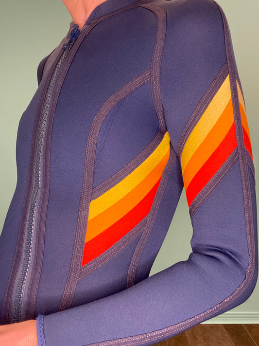 RARE VINTAGE "FITZWRIGHT" LONG SLEEVE BLUE AND RAINBOW WET SUIT