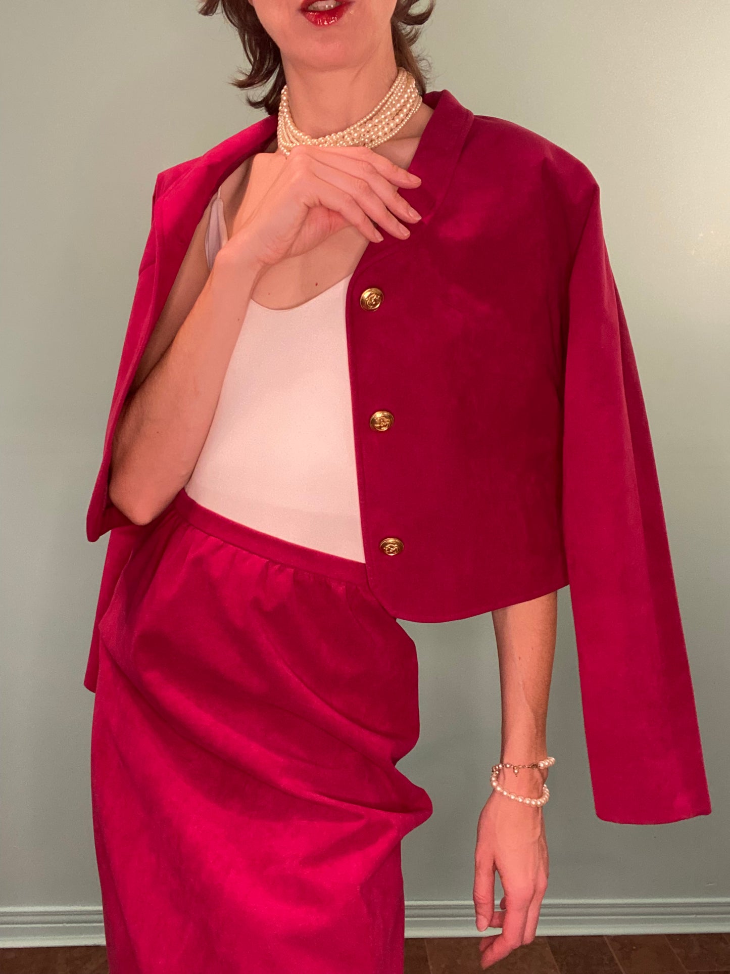 VINTAGE RASBERRY COLOURED FAUX SUEDE SUIT