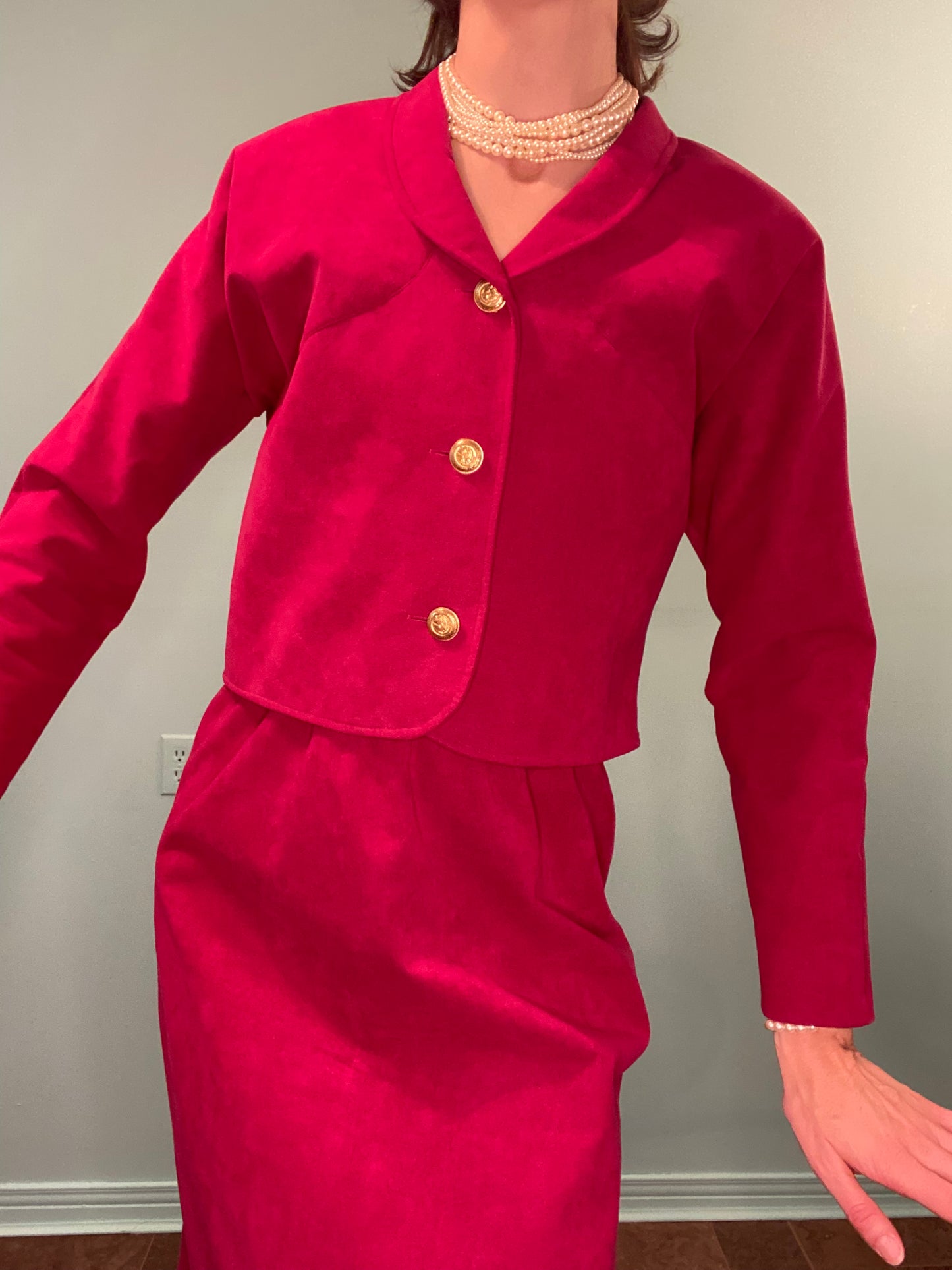 VINTAGE RASBERRY COLOURED FAUX SUEDE SUIT