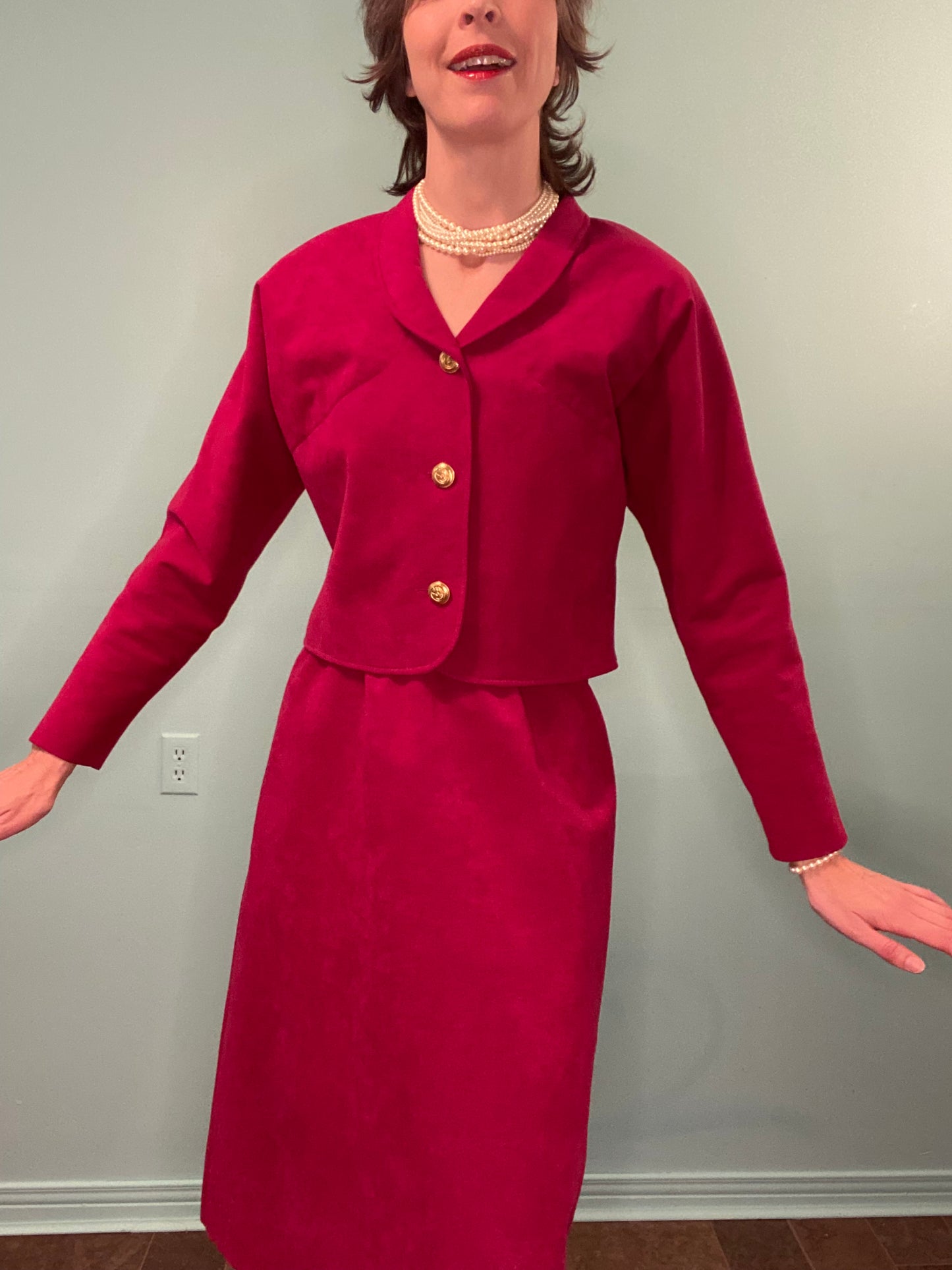 VINTAGE RASBERRY COLOURED FAUX SUEDE SUIT