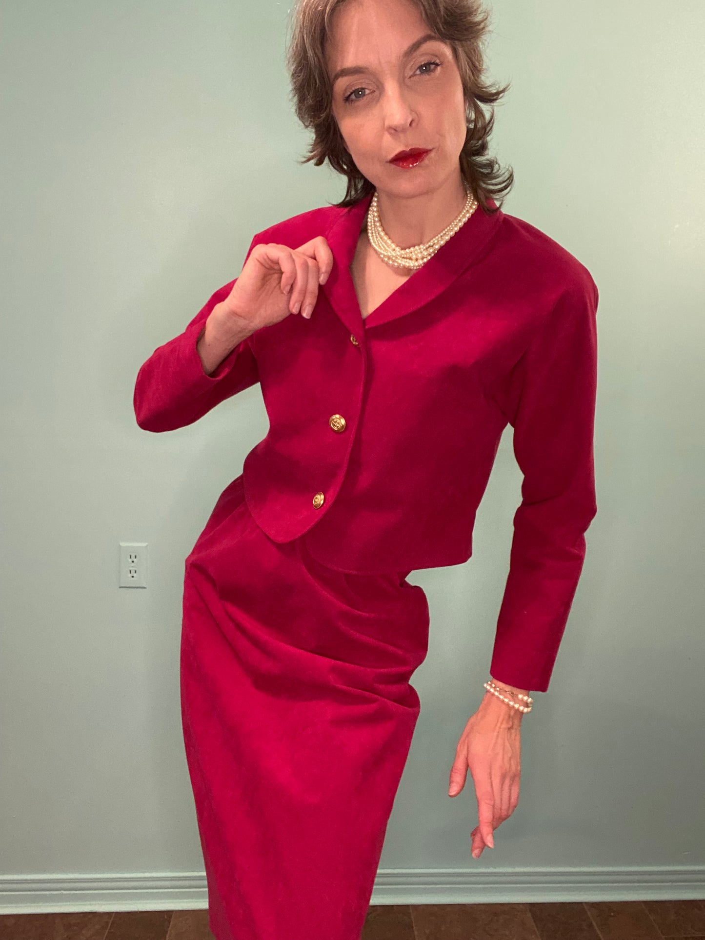 VINTAGE RASBERRY COLOURED FAUX SUEDE SUIT