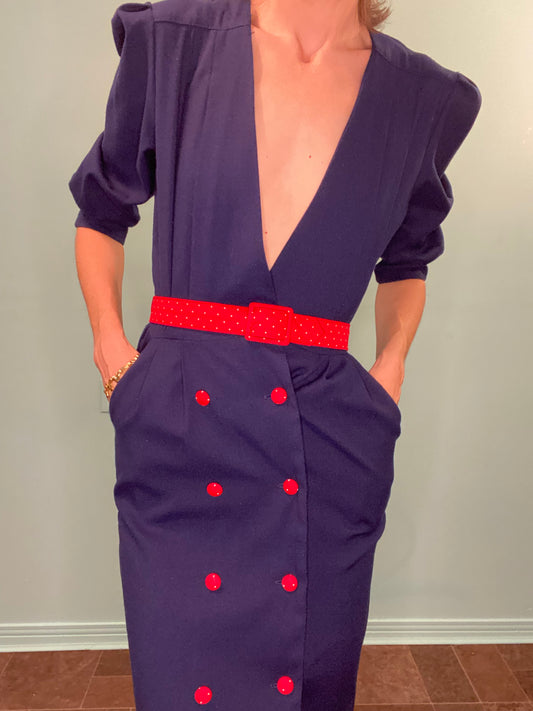 VINTAGE "DAVID BRADLEY" DEEP V BELTED SUIT DRESS