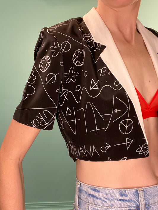VINTAGE "CHATCAREL" CROP BLACK AND WHITE BLAZER