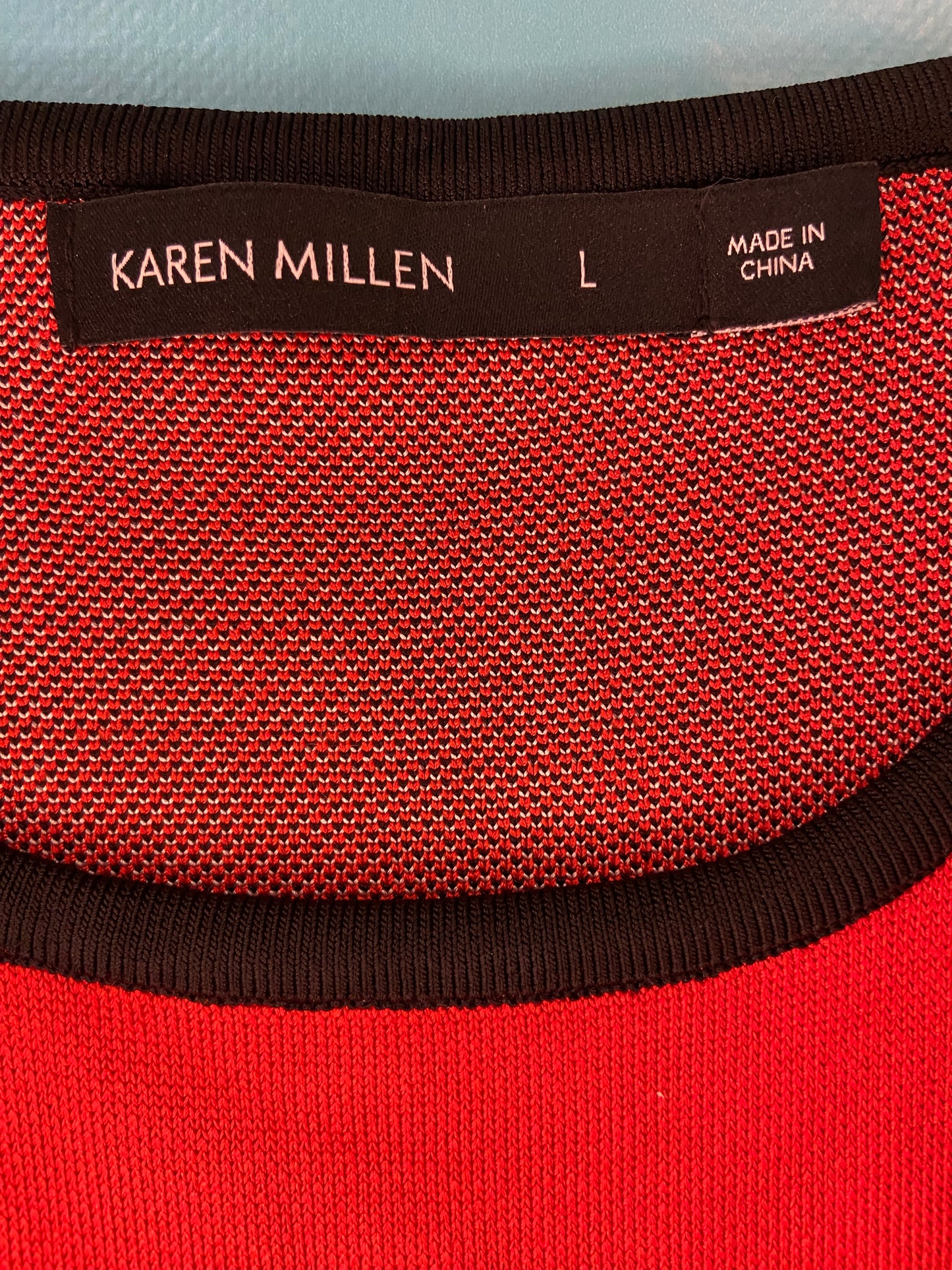 "KAREN MILLEN" GORGEOUS RED BLACK AND CREAM KNIT DRESS