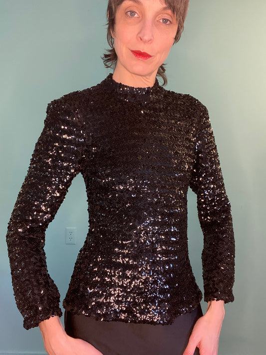VINTAGE GORGEOUS MOCK NECK BLACK SEQUIN TOP