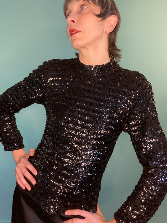 VINTAGE GORGEOUS MOCK NECK BLACK SEQUIN TOP