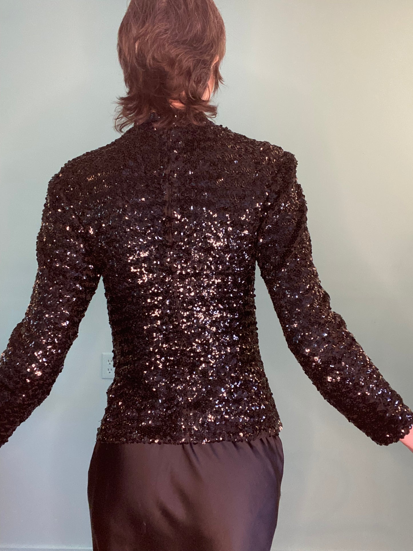 VINTAGE GORGEOUS MOCK NECK BLACK SEQUIN TOP