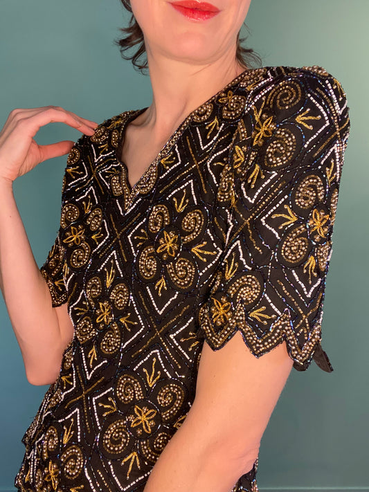 VINTAGE DIAMOND GEOMETRIC SEQUIN TOP WITH BEADED SCALLOPED EDGES