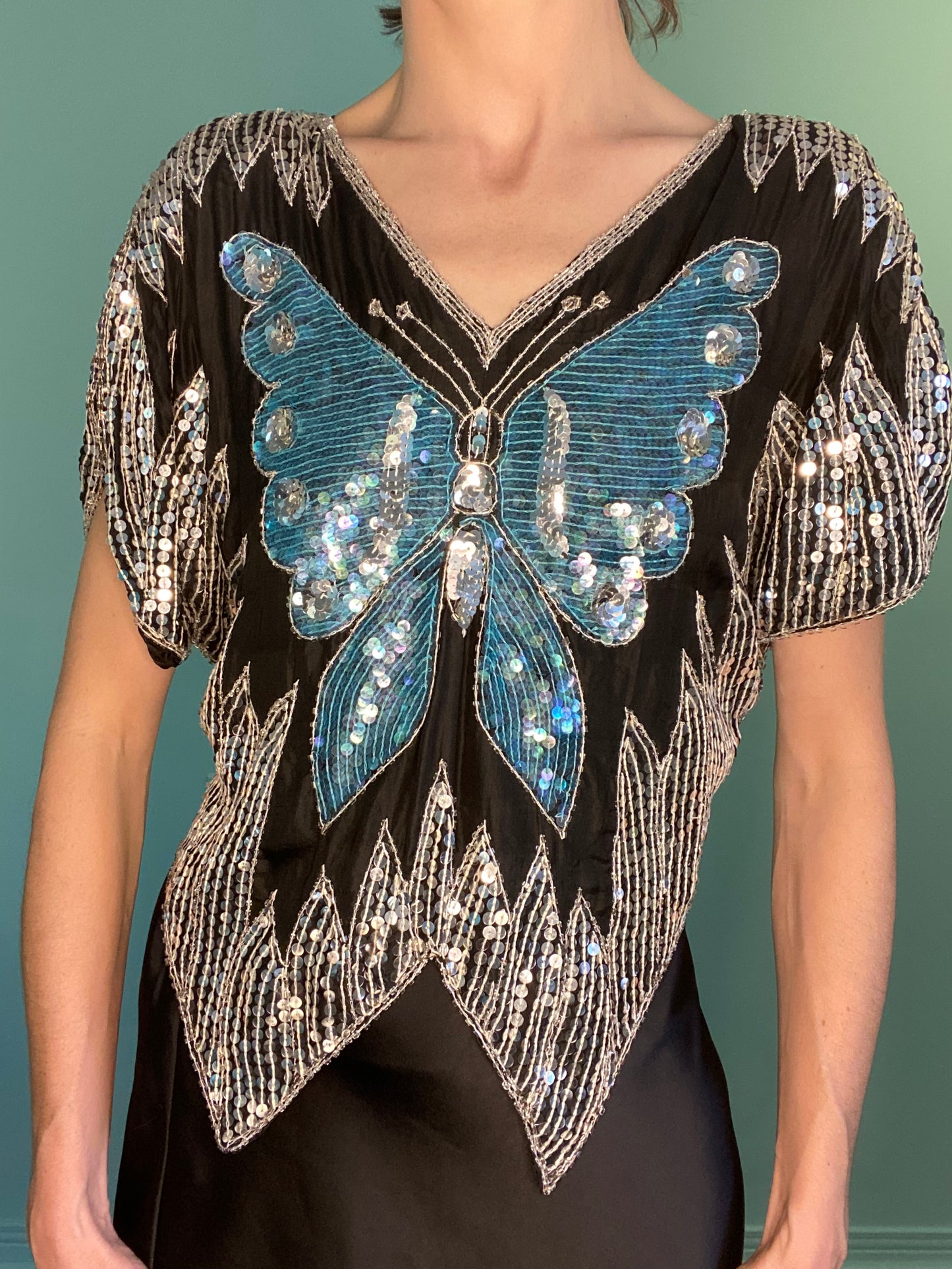 INCREDIBLE SEQUIN TEAL AND SILVER BUTTERFLY TOP