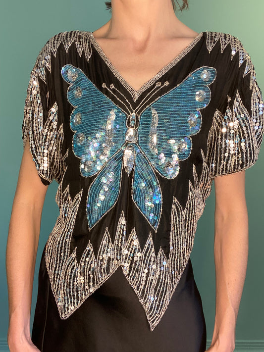 INCREDIBLE SEQUIN TEAL AND SILVER BUTTERFLY TOP