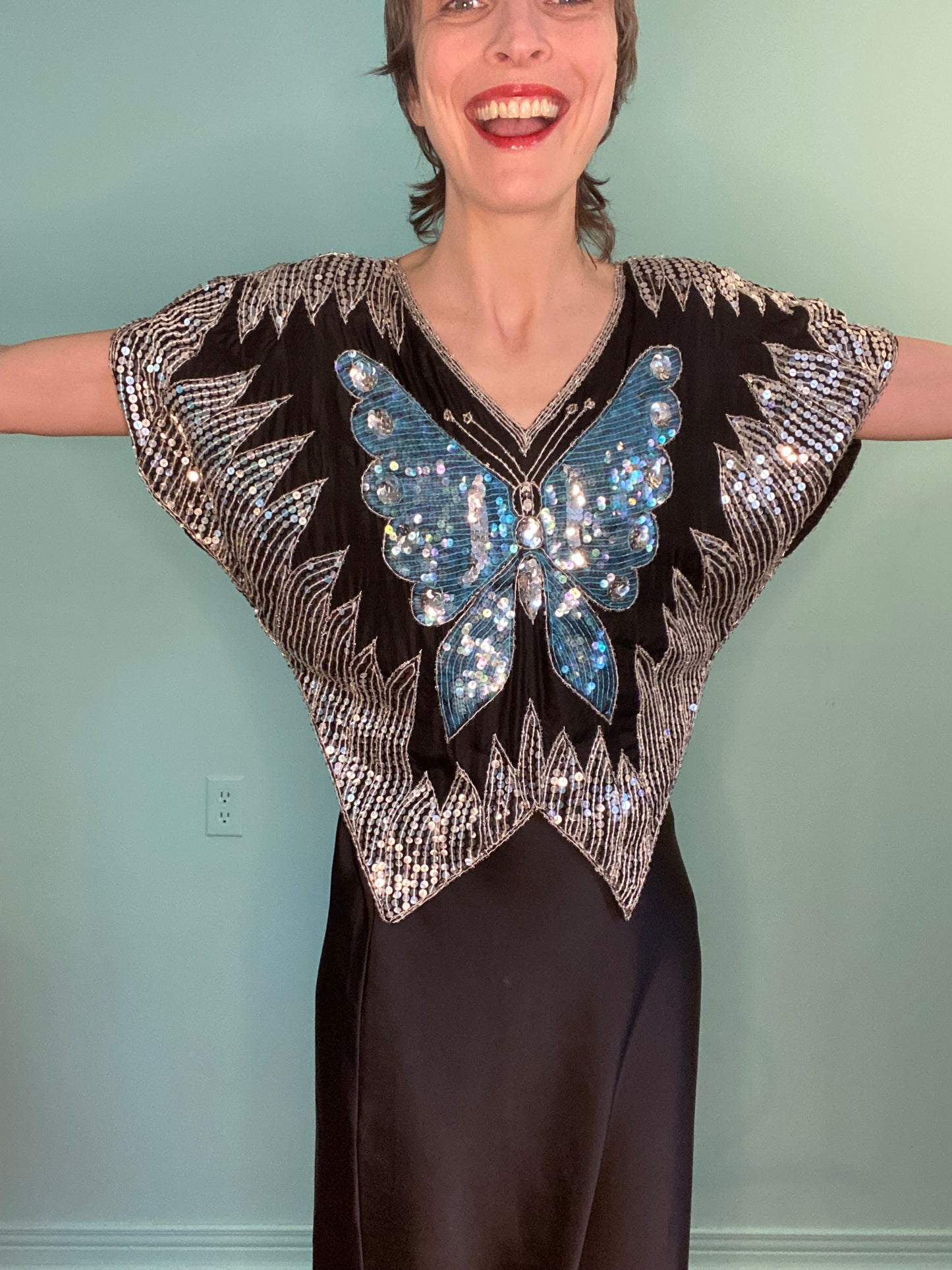 INCREDIBLE SEQUIN TEAL AND SILVER BUTTERFLY TOP
