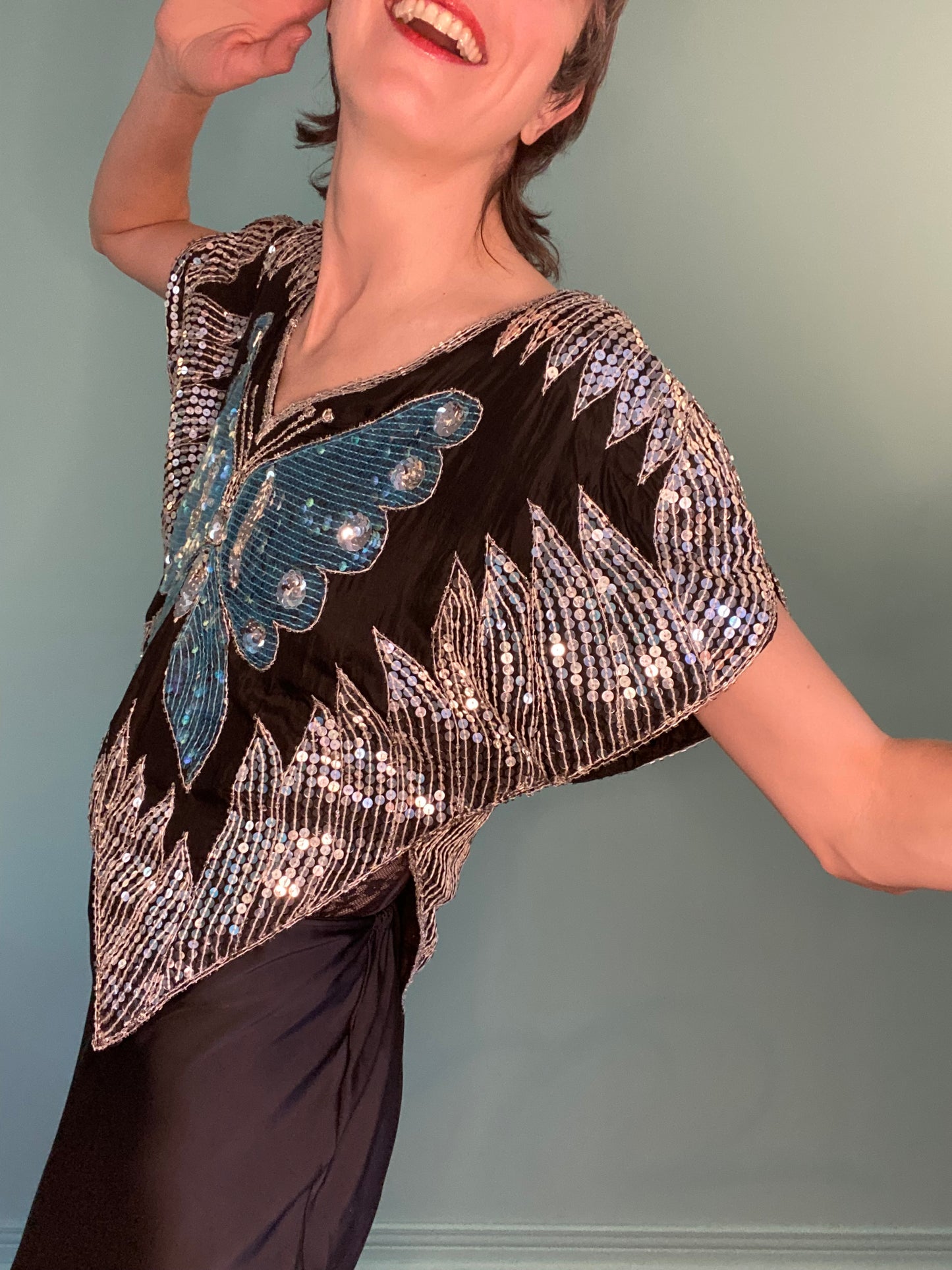INCREDIBLE SEQUIN TEAL AND SILVER BUTTERFLY TOP