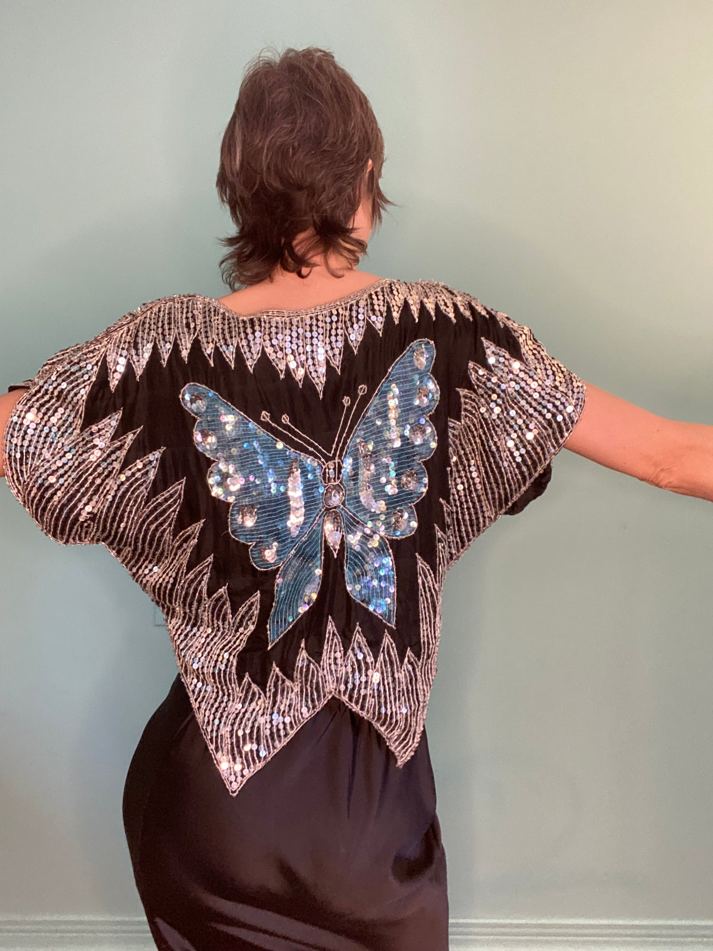 INCREDIBLE SEQUIN TEAL AND SILVER BUTTERFLY TOP