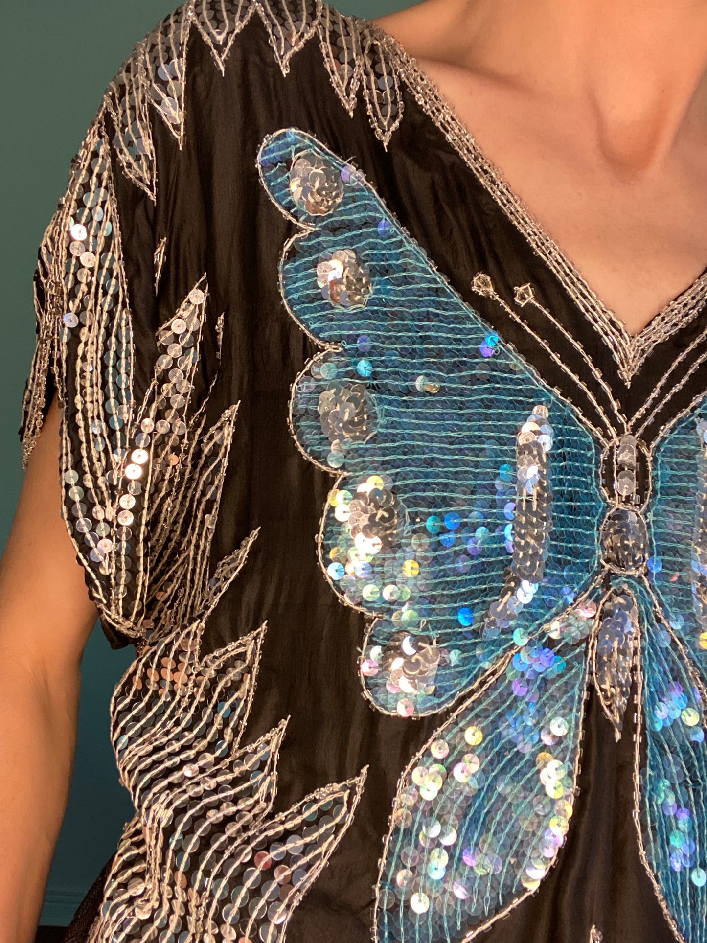 INCREDIBLE SEQUIN TEAL AND SILVER BUTTERFLY TOP
