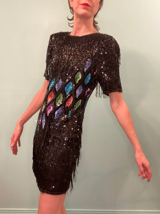 ONCE IN A LIFETIME VINTAGE "CARINA" BEADED AND SEQUIN COCKTAIL DRESS