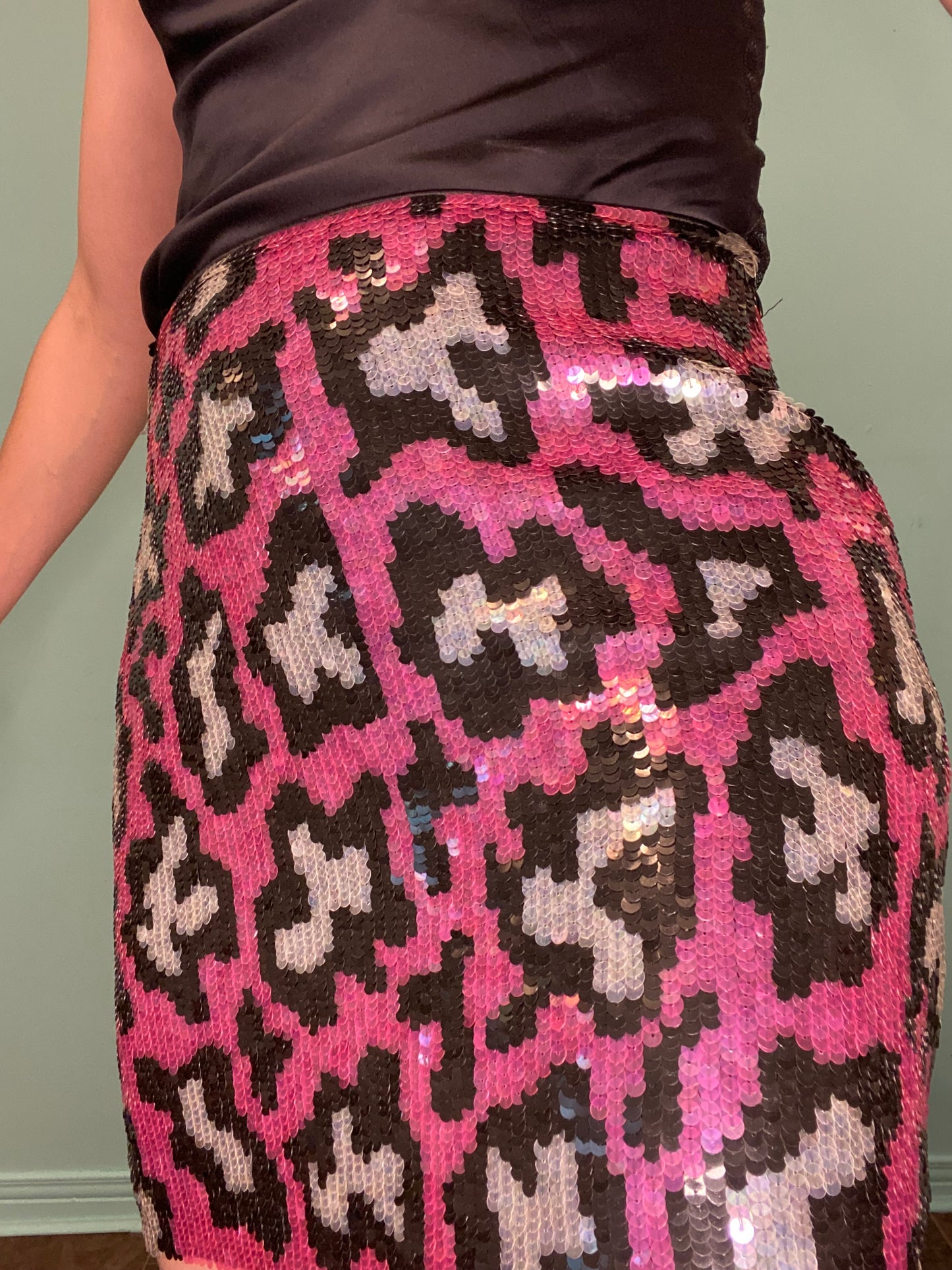 VINTAGE "NICOLE MILLER" PINK CHEETAH SEQUIN MINI SKIRT