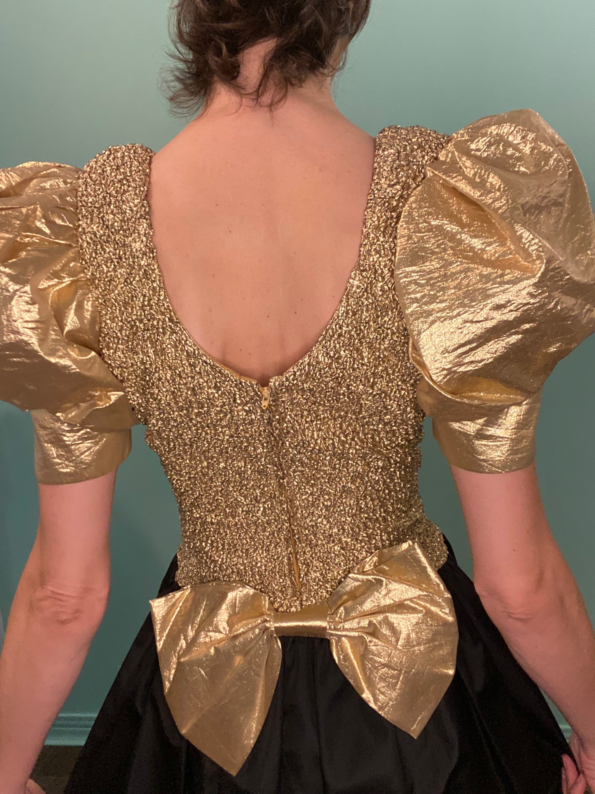 gold lame party dress 1980s Gold Lame Strapless Ruffled Evening Dress w Tulle