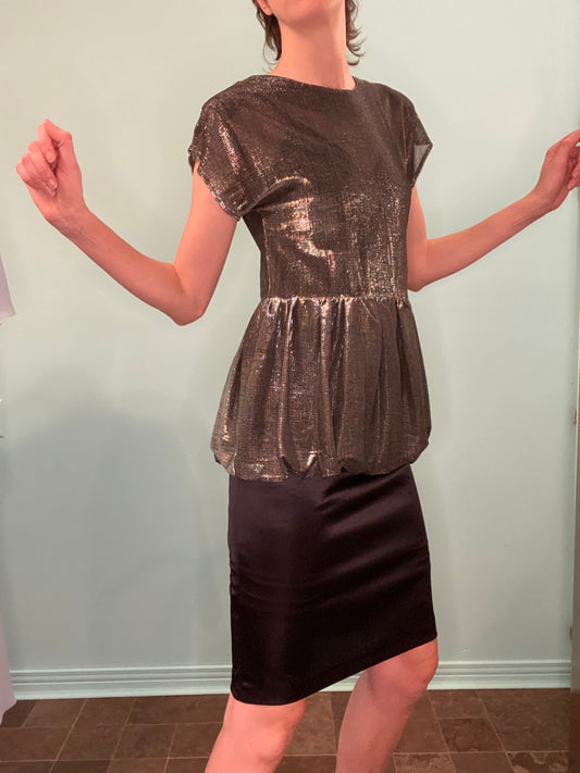 VINTAGE 80'S "ENCORE" PEWTER LAME´ PEPLUM POOF DRESS