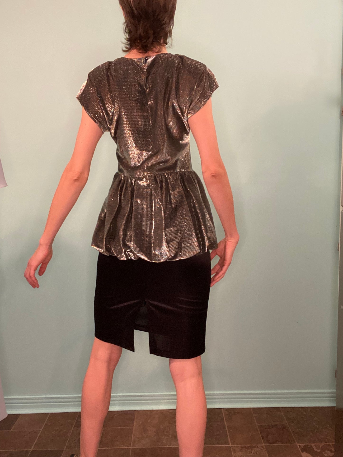 VINTAGE 80'S "ENCORE" PEWTER LAME´ PEPLUM POOF DRESS