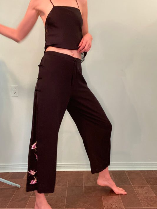 %100 SILK BLACK WIDE LEG PANTS WITH EMBROIDERED BUTTERFLIES