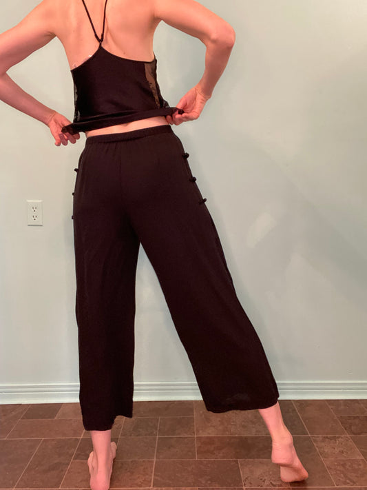 %100 SILK BLACK WIDE LEG PANTS WITH EMBROIDERED BUTTERFLIES