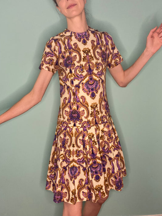 VINTAGE 60'S REGAL PAISLEY DROP WAISTED DRESS WITH PLEATED SKIRT