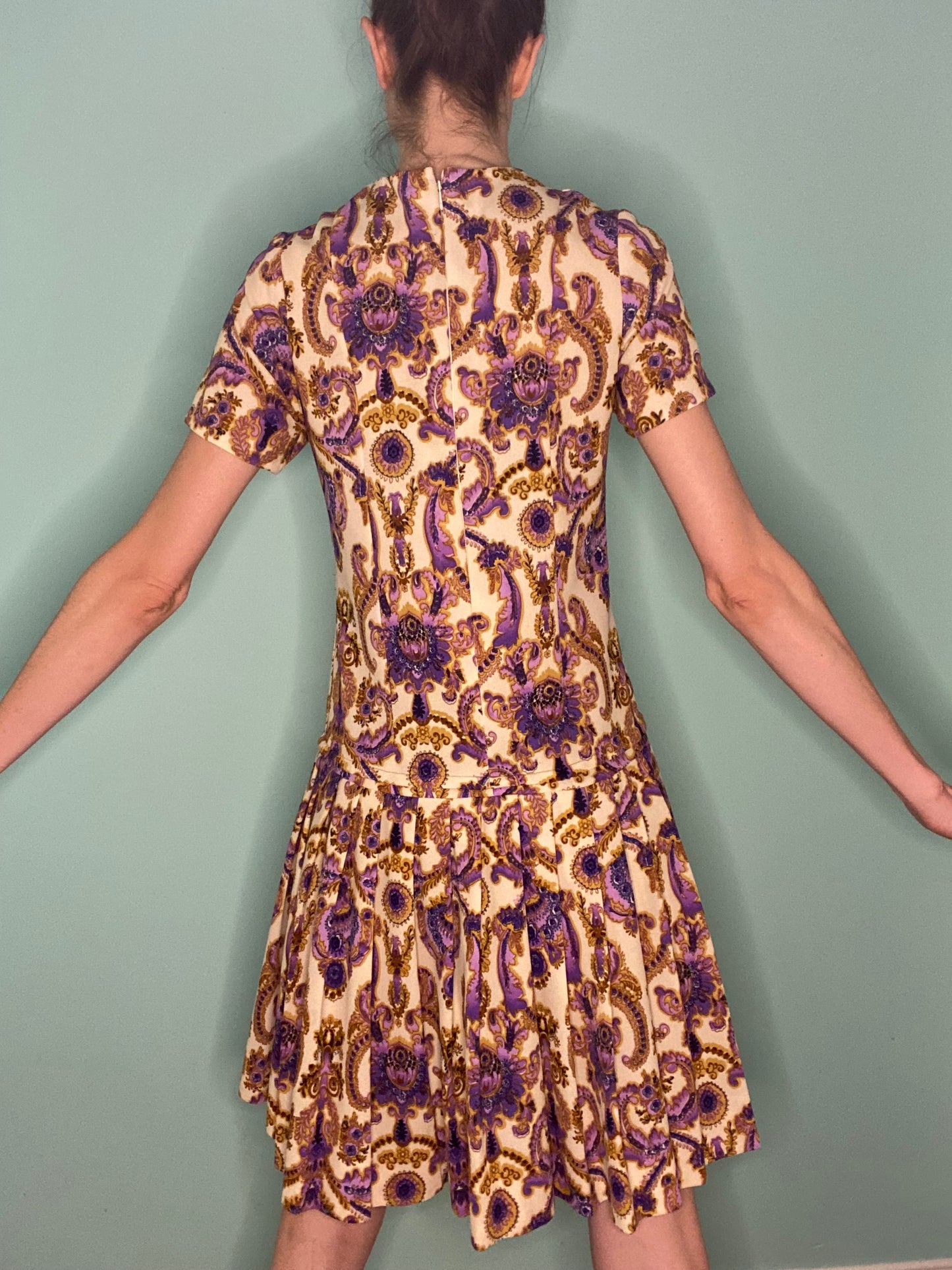 VINTAGE 60'S REGAL PAISLEY DROP WAISTED DRESS WITH PLEATED SKIRT