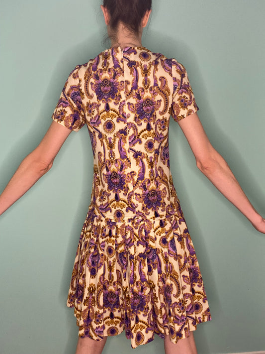 VINTAGE 60'S REGAL PAISLEY DROP WAISTED DRESS WITH PLEATED SKIRT